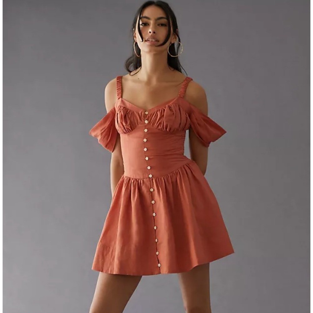 Anthropologie Off-The-Shoulder Linen Mini Dress Rust Rose XS